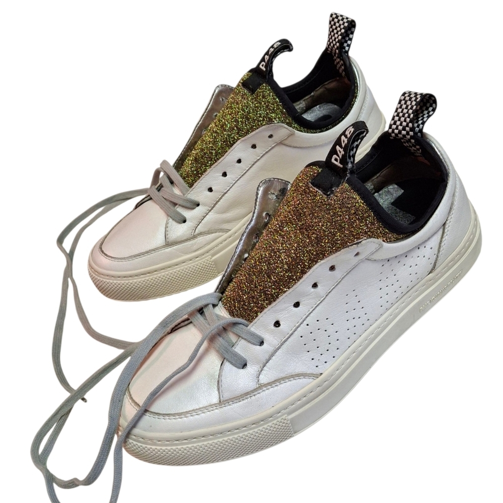 P448 You Can Surf Later White Leather Gold Glitter Tongue Sneakers Women Size 9 - Picture 9 of 16